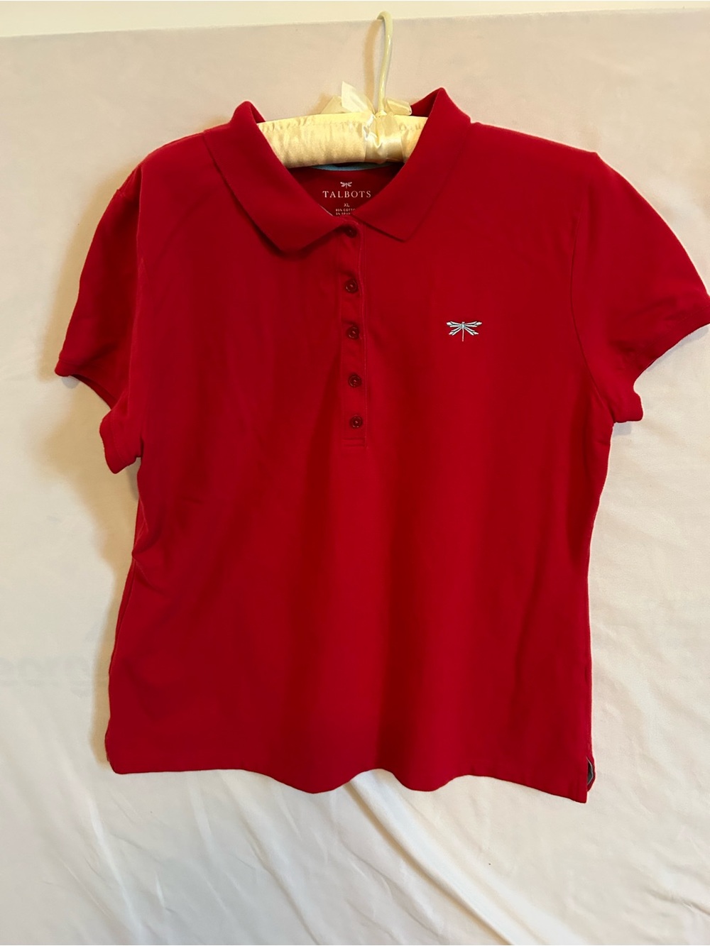 Talbots Red Short Sleeve Polo with Embroidered Dragonfly